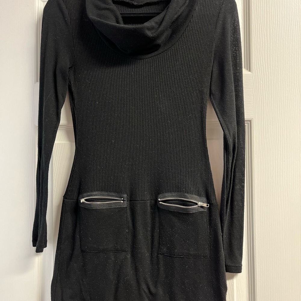 Black Long Sleeve Cowl Mini-Dress with Pockets
